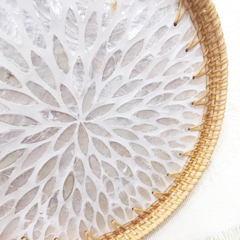 12" Round Mother Of Pearl Inlay Rattan Display, Rattan Coffee Bread Serving Tray With Mother Of Pear Inlay Wooden Base,Decorative Wicker Basket For Table Decor,Storage Of Fruit,Candy