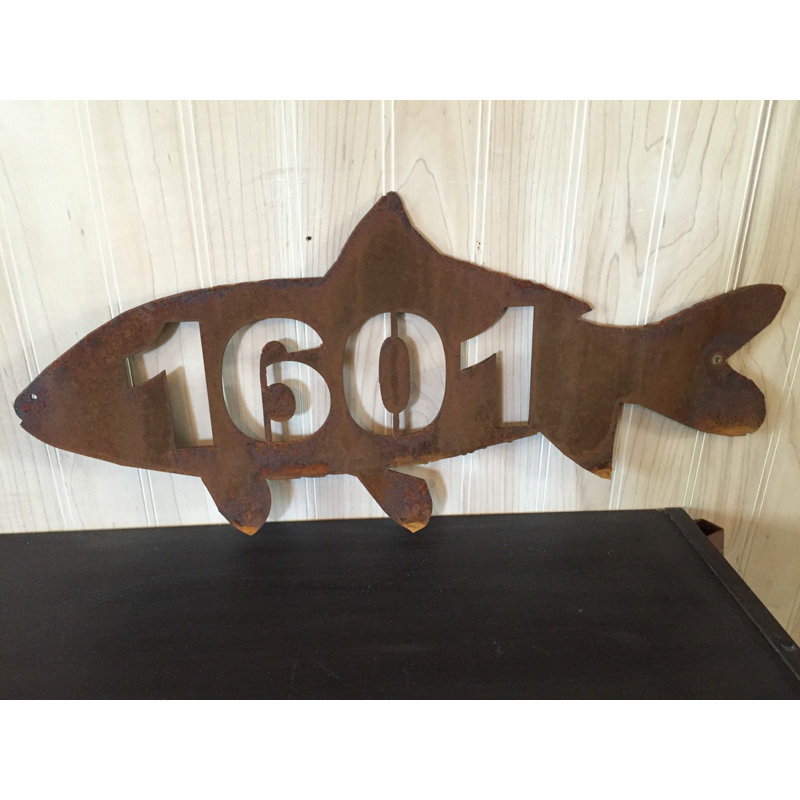 Plaque d’adresse murale sur 1 ligne fish, Rouillée