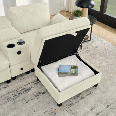 Canapé modulaire moderne en L avec rangement tout-en-un, poches d'accoudoirs de rangement latérales, console centrale avec porte-gobelet, repose-pieds avec rangement relevable, siège multi-siège confortable