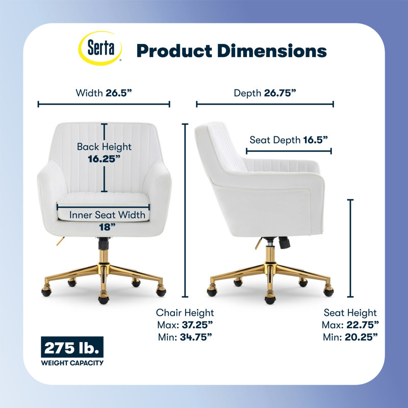 Serta Ashleigh Modern Office Chair, Channel-Tufted Design, Pocket Coil Cushion, Polished Swivel Base, Gold, White
