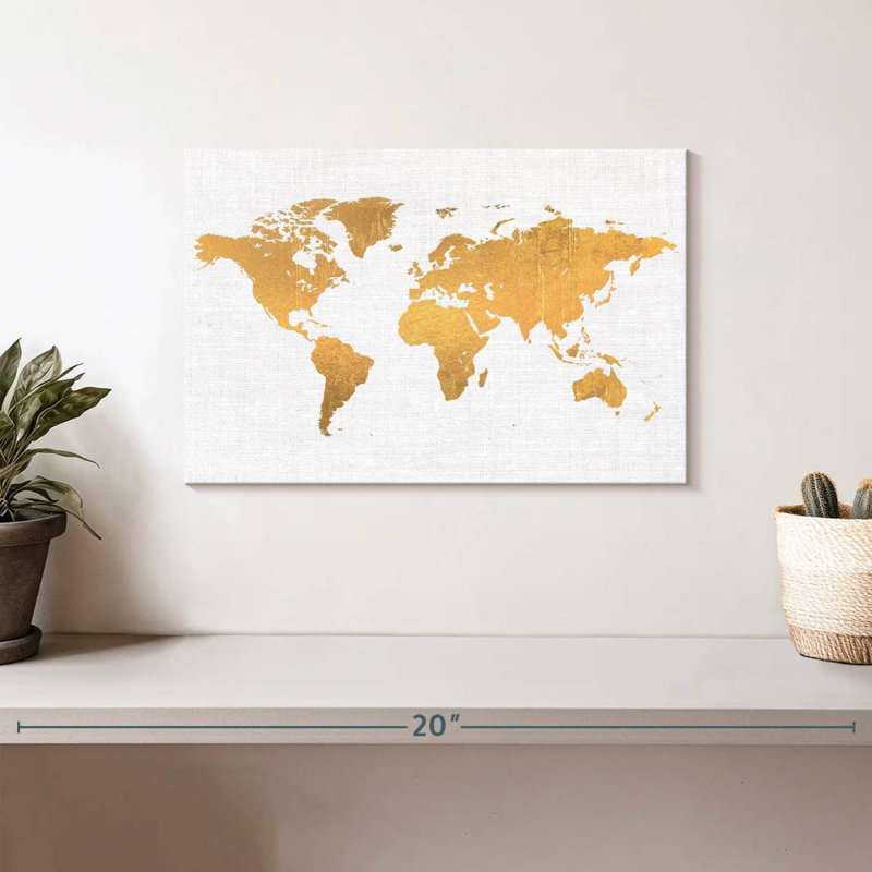 «Light Gold World Map», reproduction sur toile tendue, H 8 po x l 12 po x P 1 po