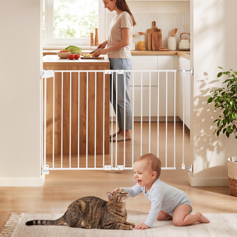 Baby Gate for Stairs, 26-43 in Adjustable Width, 28 in High Dog Gate, No Bottom Bar, One-Handed Operation, Easy Drilling Installation with Hardware Kit, for Stairs, Doorways, and House, White