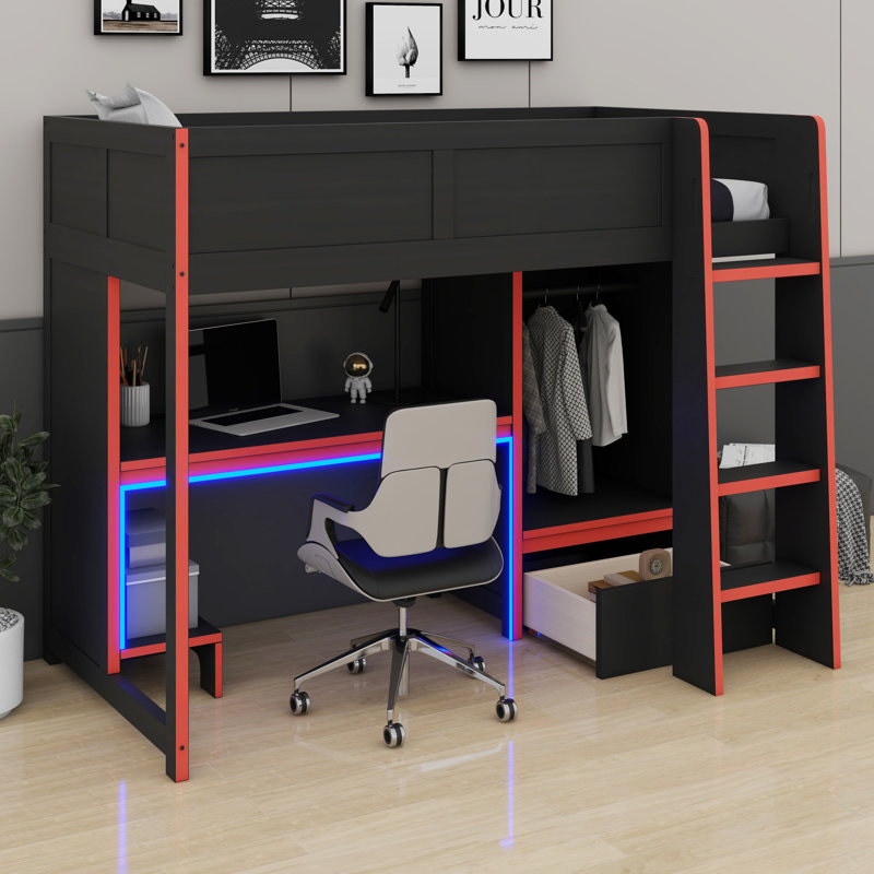 Lit mezzanine en bois avec bureau intégré, garde-robe, DEL et tiroir, Lit simple