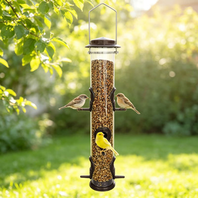 Mangeoire à oiseaux en métal avec six ports d'alimentation, mangeoire à oiseaux en tube avec support en acier, mangeoire d'oiseaux sauvages en plastique rigide pour suspendre à l'extérieur, attirer les oiseaux sur votre pelouse, jardin, balcon, café