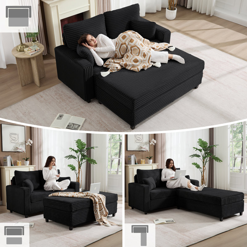 63.4'' Oversized Convertible Chaise Lounge with Storage Ottoman, Upholstered Loveseat with Throw Pillows and Armrests, Corduroy Sleeper Sofa Bed for Living Room