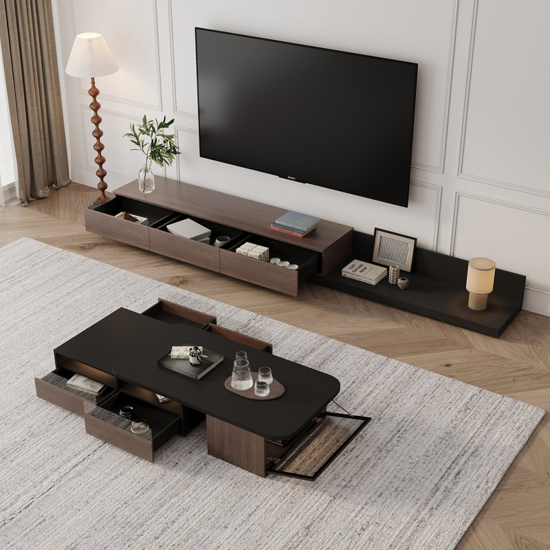 Extendable TV Stand For Tvs Up To 85'', Living Room Cabinet Set Includes Tv Stand And Coffe Table With Storage Drawers
