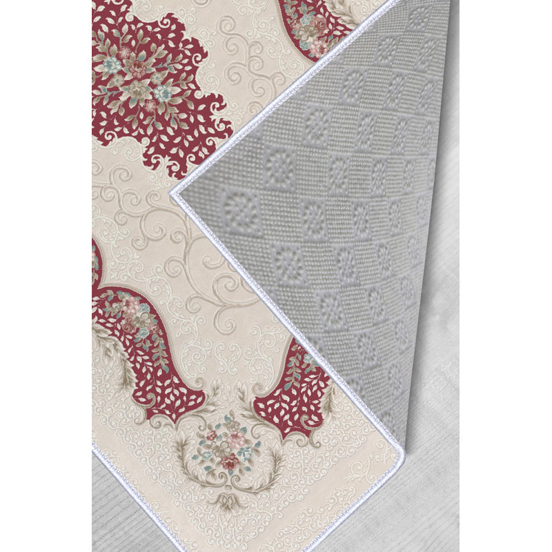 Tapis oriental ivoire / rouge en polyester tissé à la machine Lenum, Rectangle 5 pi 11 po x 9 pi 2 po