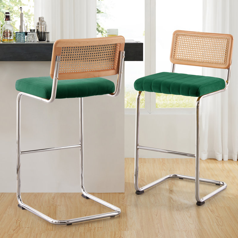 Tabouret rembourré en velours Krickelin, Argent, Vert foncé, Tabouret de bar (siège d’une hauteur de 30 po)