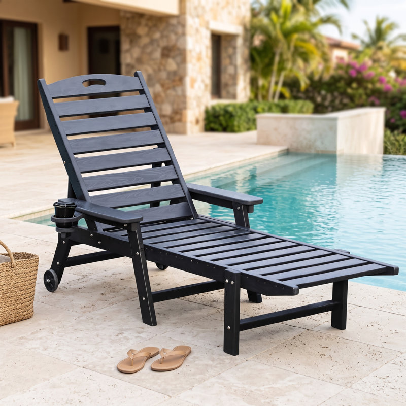 HDPE Patio Chaise Lounge, 4-Position Adjustable Backrest Outdoor Lounger, Black
