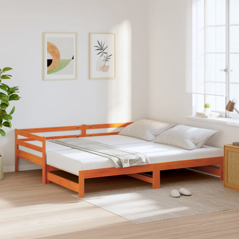 Marlow Home Co. Daybed With Trundle White Solid Wood Pine, 90cm x 200cm, Brown