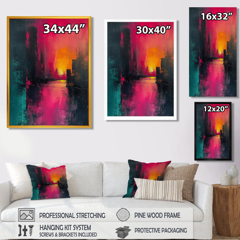Coucher de soleil urbain magique - paysage abstrait, art mural, H 20 po x l 12 po x P 1 po, Toile avec cadre flottant noir