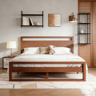 Walnut Wood Queen Bed with Headboard and Silent Slats
