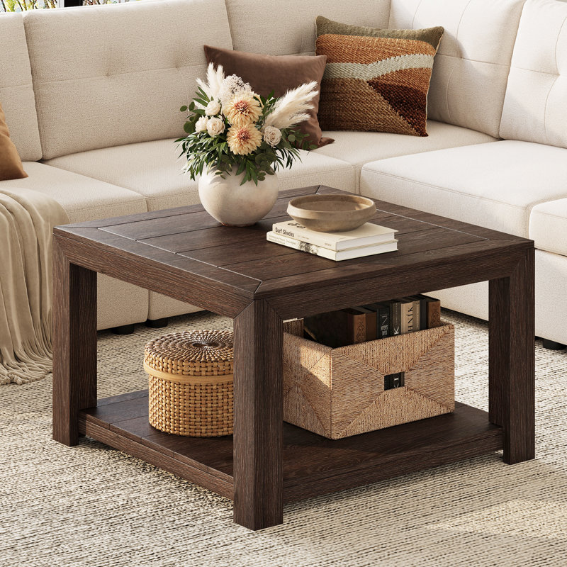 31.5" Square Solid Wood Coffee Table, Mid Century Modern Center Table with 2-Tier Storage for Living Room, Dark Brown