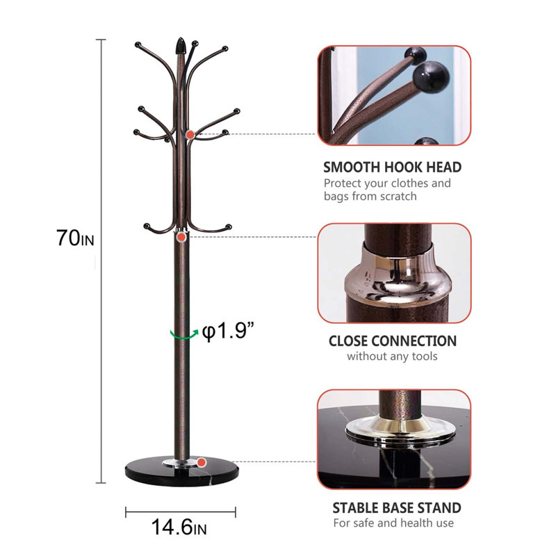 Metal Coat Rack With Natural Marble Base And 12 Hooks, Bronze