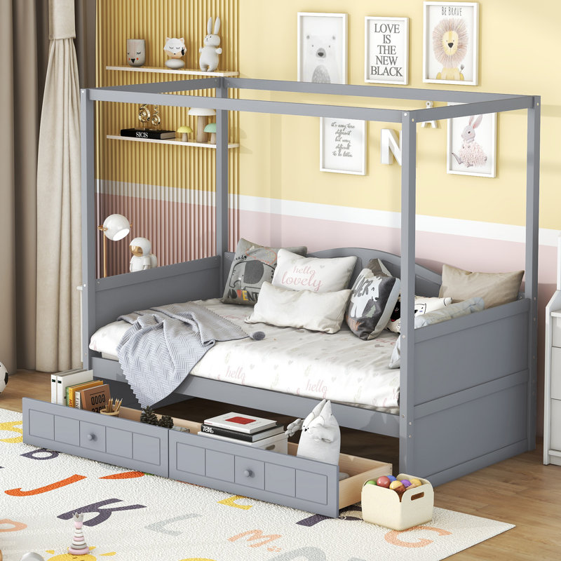 Twin Size Daybed with Canopy & 2 Storage Drawers, Multi-Functional Bed for Bedroom, Gray