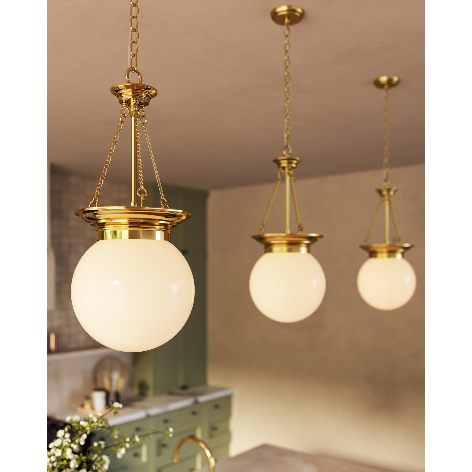 Madelyn 12-in Pendant with Opal Glass, Brushed Gold/Opal Glass