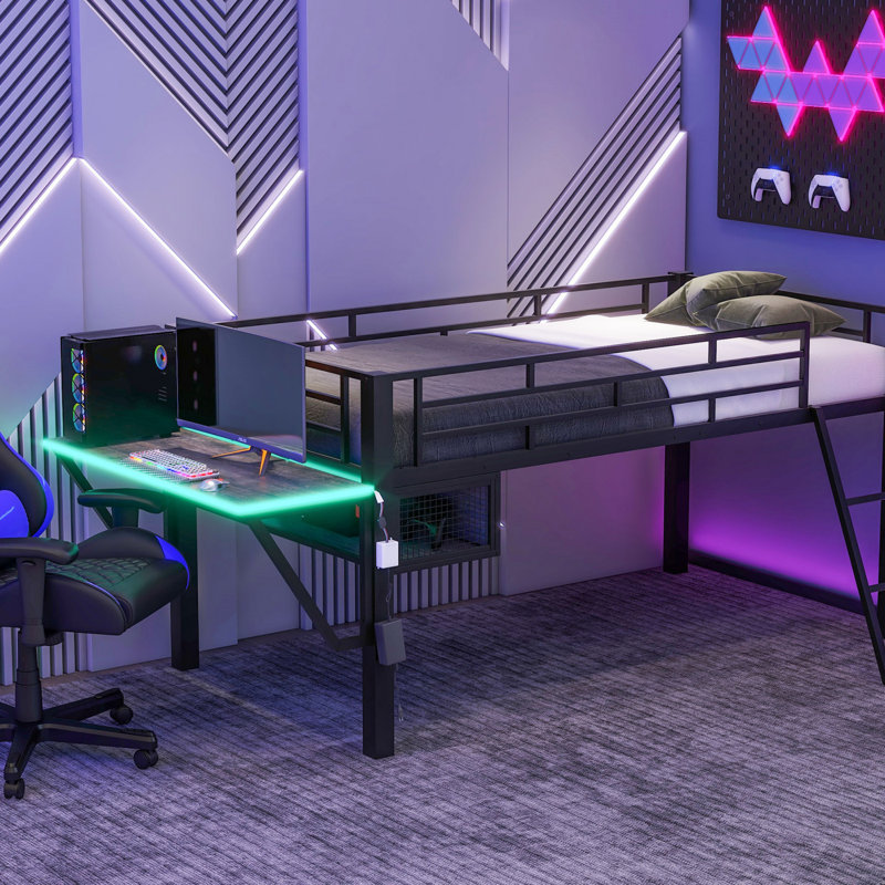 Lit mezzanine avec bureau Gaming, éclairage DEL et rangement, conception peu encombrante pour les personnes, noir