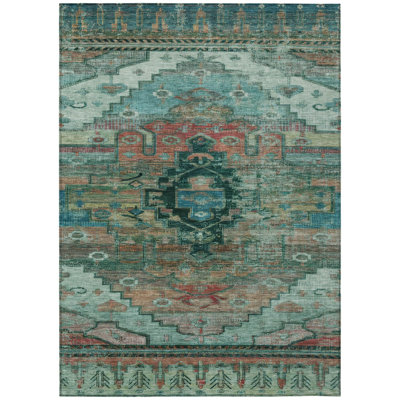 8' X 10' Teal Blue Copper And Gold Tribal Washable Indoor Outdoor Area Rug