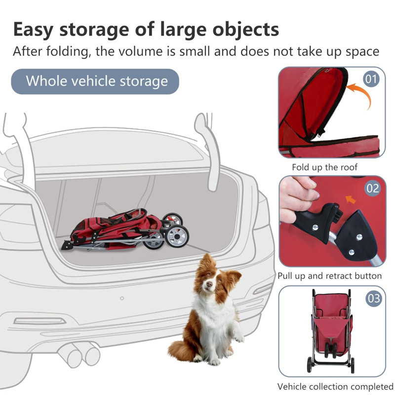 Red 3-Wheel Foldable Alloy Steel Dog Stroller with Storage Basket