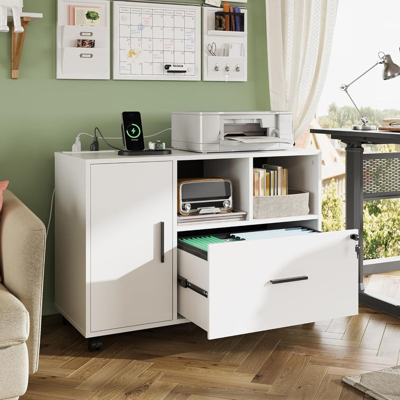Cambrie 36.6'' Wide Mobile Wood File Cabinet with Shelves and Charging Station, Locking Filing Cabinet, Home Office Filing Cabinets, Full-Extension Filing Drawer & 360° Lockable Casters – Fits Letter/A4