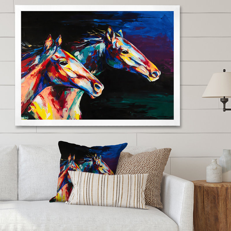 «Colorful Horses Brush», art mural traditionnel sur toile, H 16 po x l 32 po, Impression blanche sur toile encadrée