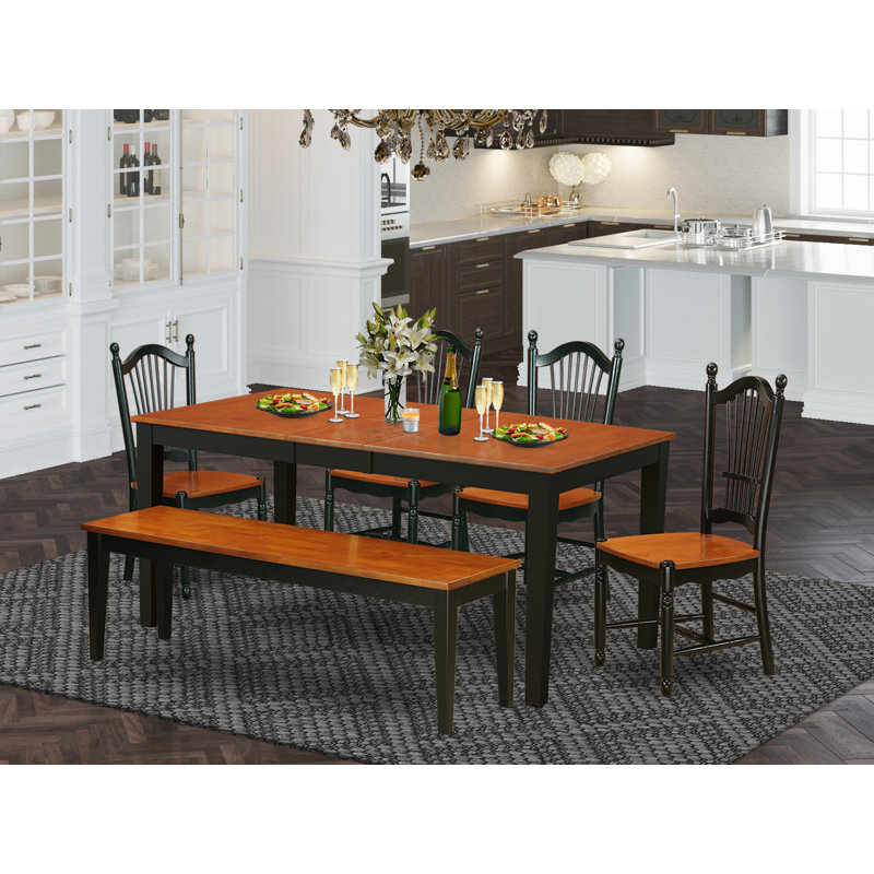 L'ensemble de salle à manger 6 pièces contient une table de salle à manger rectangulaire avec feuille papillon et 4 chaises de cuisine avec banc, noir et cerise