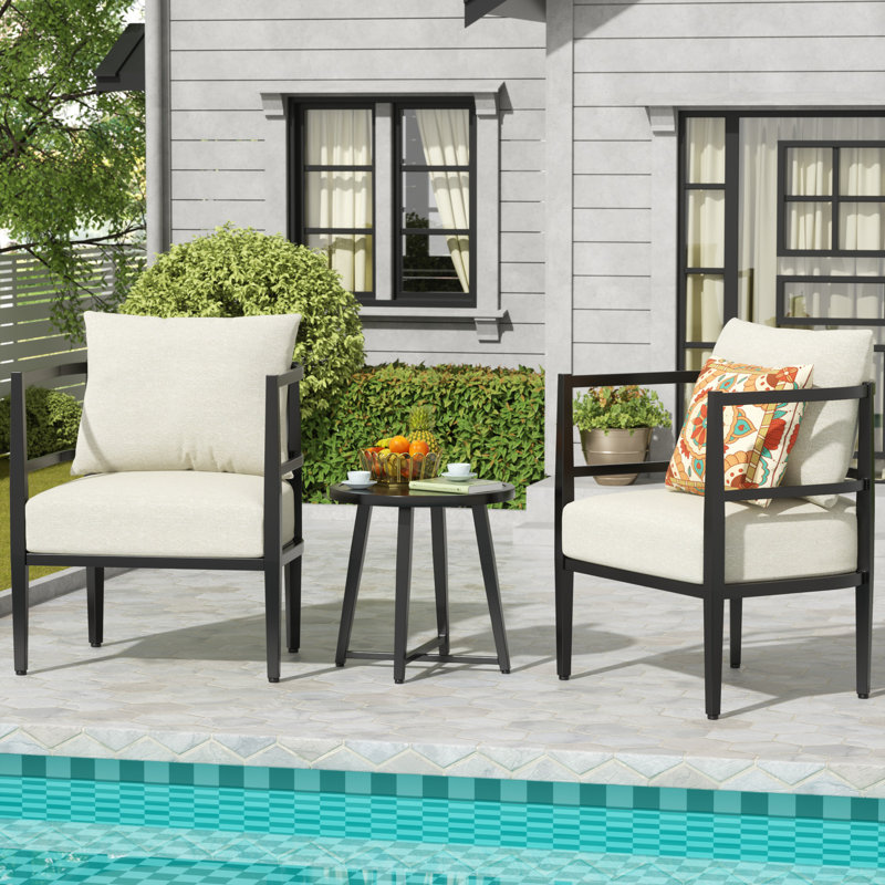 Outdoor Patio Furniture Sets 3 Pieces Lawn Porch Chairs With Metal Table For Balcony Yard Garden Poolside, Beige
