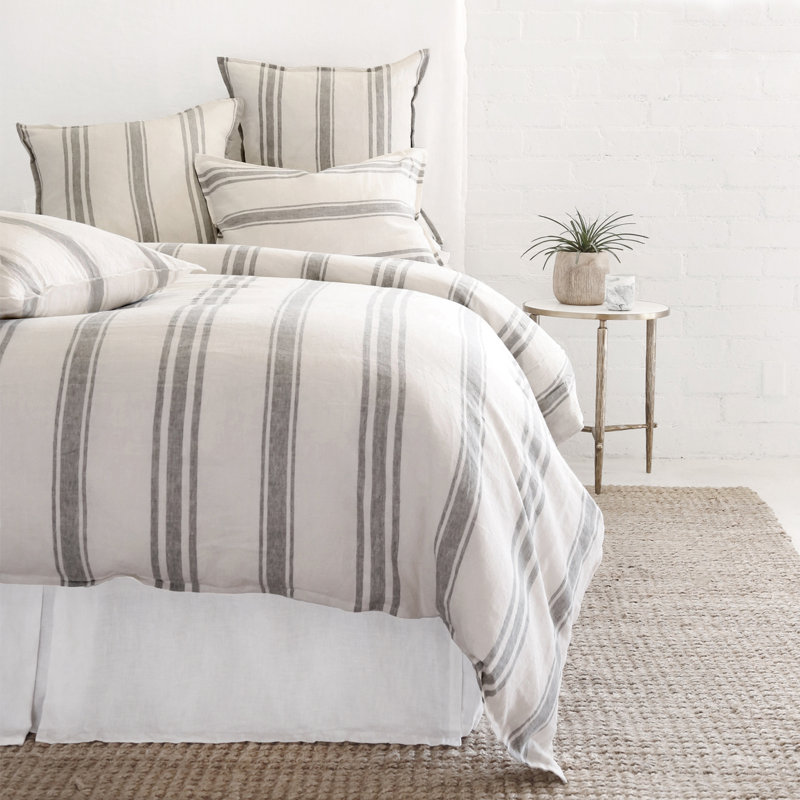 Jackson Striped Linen Duvet Cover, Queen Duvet Cover, Flax/Midnight