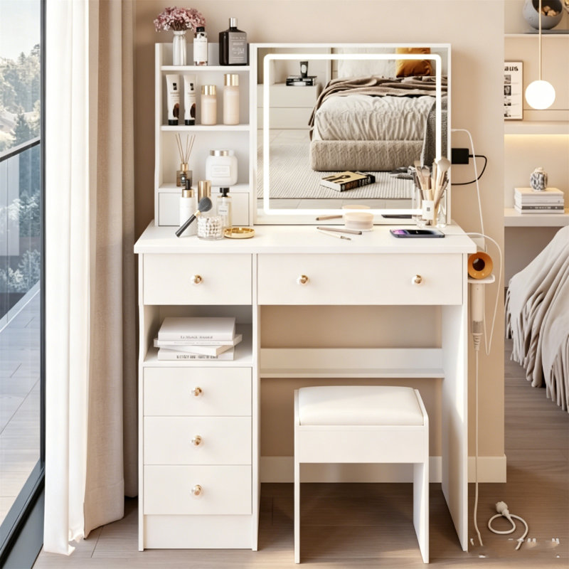  Meuble-lavabo avec miroir coulissant à DEL à commande tactile, coiffeuse avec douille 2AC et 2USB et support pour sèche-cheveux, tabouret de maquillage pour la chambre à coucher, blanc