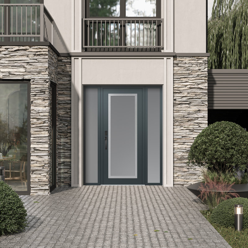 Panneau d'entrée en acier argenté transparent et panneau avant avec porte latérale, L 69 po x H 81,69 po, Givré, Droite