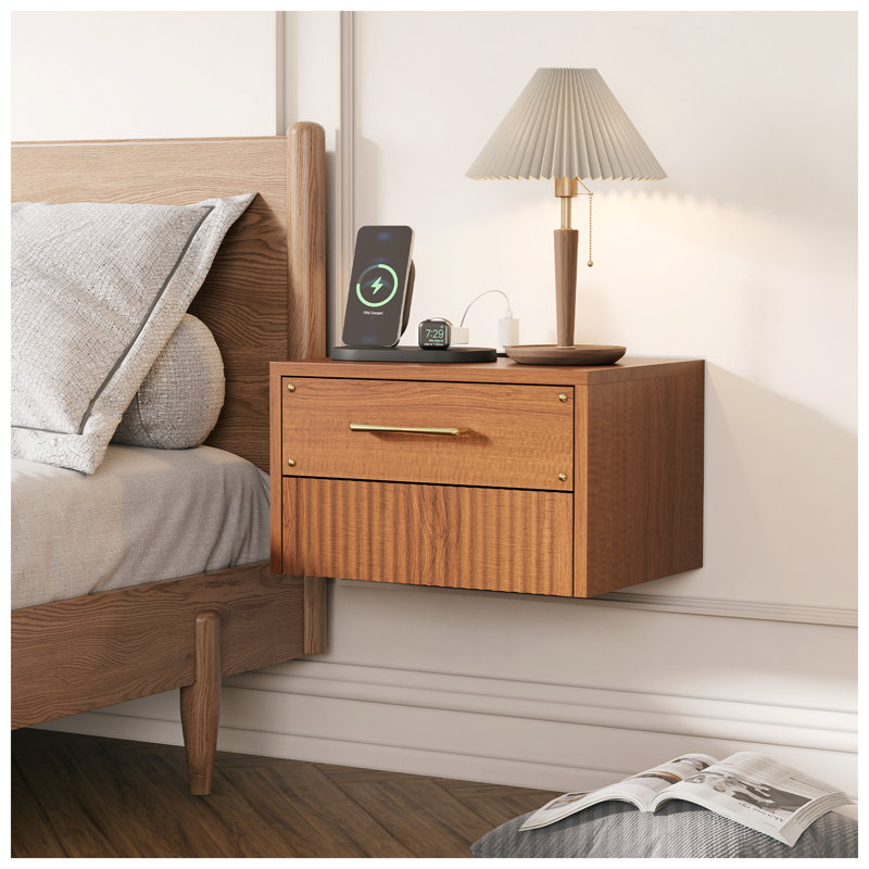 Mid Century Modern Floating Nightstand Set Of 2 With Charging Station, Wood Wall Mounted Bedside Table With 2 Storage Drawers & Fluted Decor For Bedroom, Home Small Space, Walnut, 2 Pcs