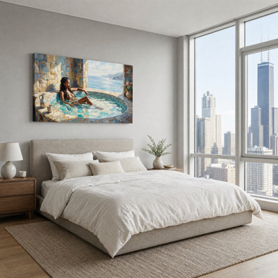 Woman Relaxing in Pool with Ocean View Canvas Wall Art