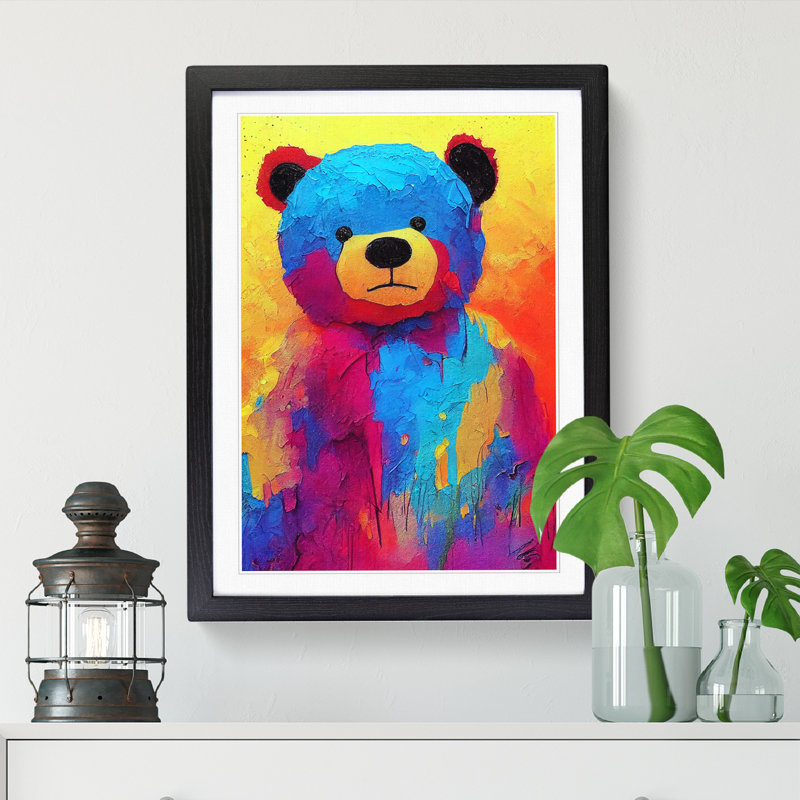 Teddy Bear Crayon Art - Single Picture Frame Print, Black, 64cm H x 46cm W x 2cm D