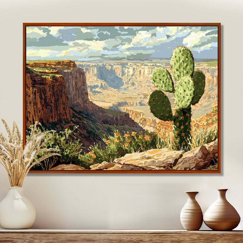 Cactus d'Izavier au bord du canyon - cactus, décoration murale, H 12 po x l 20 po, Cadre flottant, Brun