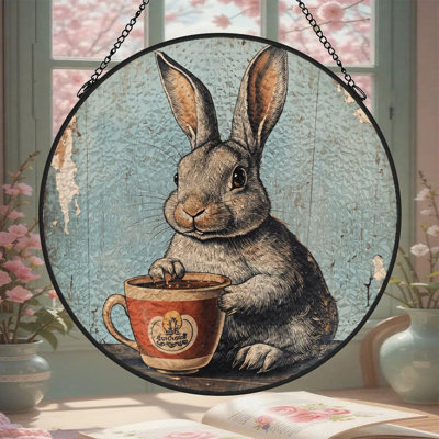 Fond en bois vieilli vintage, lapin tenant une tasse de café, panneaux de vitrail, attrape-soleil pour décoration de fenêtre