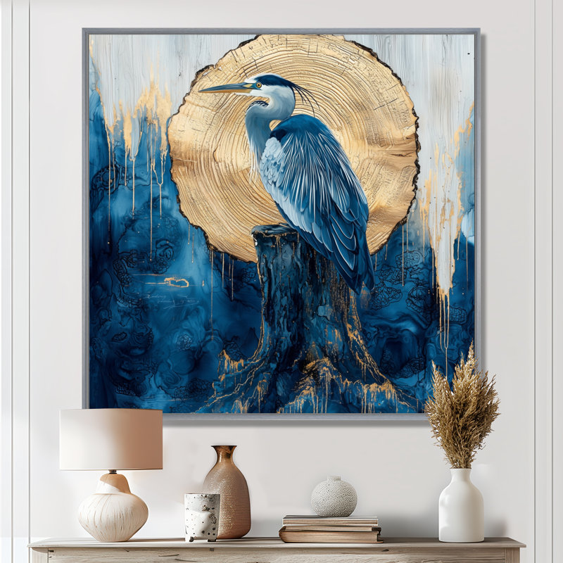Azante, héron dans la lune dorée, encre de Chine, paysage - héron, art mural, Impression encadrée flottante, Argent argent