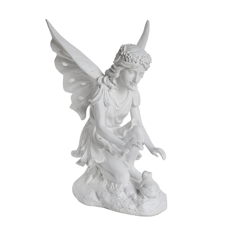 Statue de jardin 14,5 po fée blanche agenouillée avec grenouille