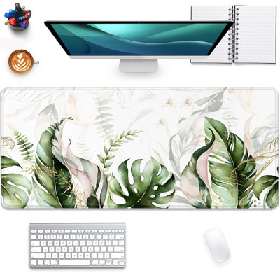 Green Tropical Leaves Mouse Pad Desk Pad,Green Sage Plant Extended Gaming Mouse Mat with Stitched Edges Non-Slip Waterproof Rubber Base Mous Mat for Office Home Game Desk Pad, 15.7 x 35.4 inComes with a pure white mug as a gift