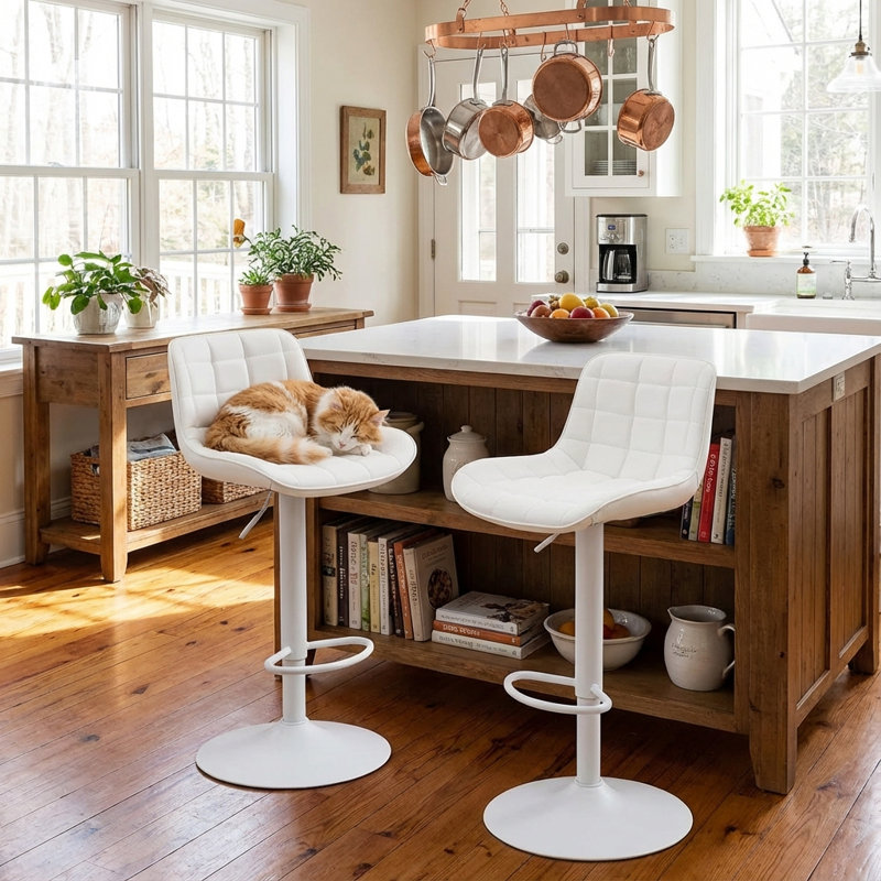 Zager Swivel Upholstered Adjustable Height Bar Stools, White Faux Leather/White Frame