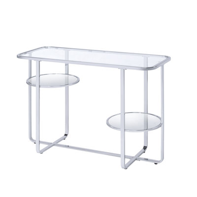 Ludovika Contemporary 42"L Rectangular Sofa Table with Mirrored Shelf in Chrome & Glass