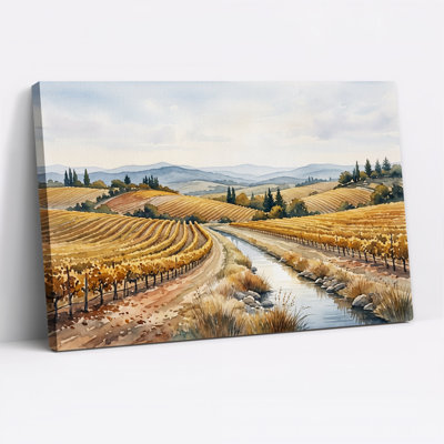 Tableau sur toile aquarelle représentant des collines dorées ondulantes et un ruisseau