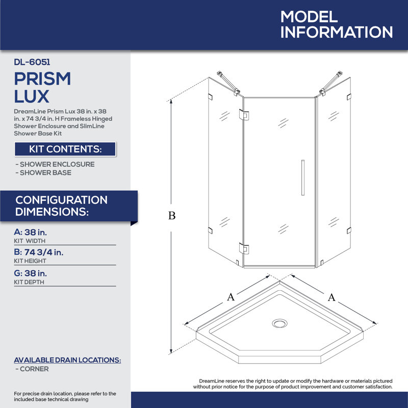 Prism Lux 38" W x 38" D x 74.75" H Frameless Neo-Angle Hinged Shower Enclosure with Base Included, Matte Black/White