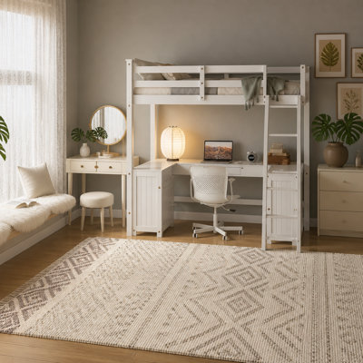 Full Size Loft Bed with U-shaped Desk, Drawers and Storage Shelves