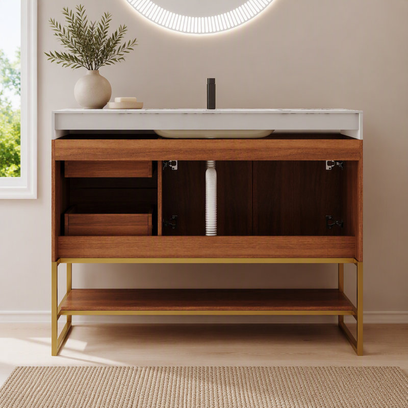 Meuble-lavabo autoportant moderne 36 po avec lavabo en céramique sans soudure et plateau en pierre frittée, Walnut, Blanc