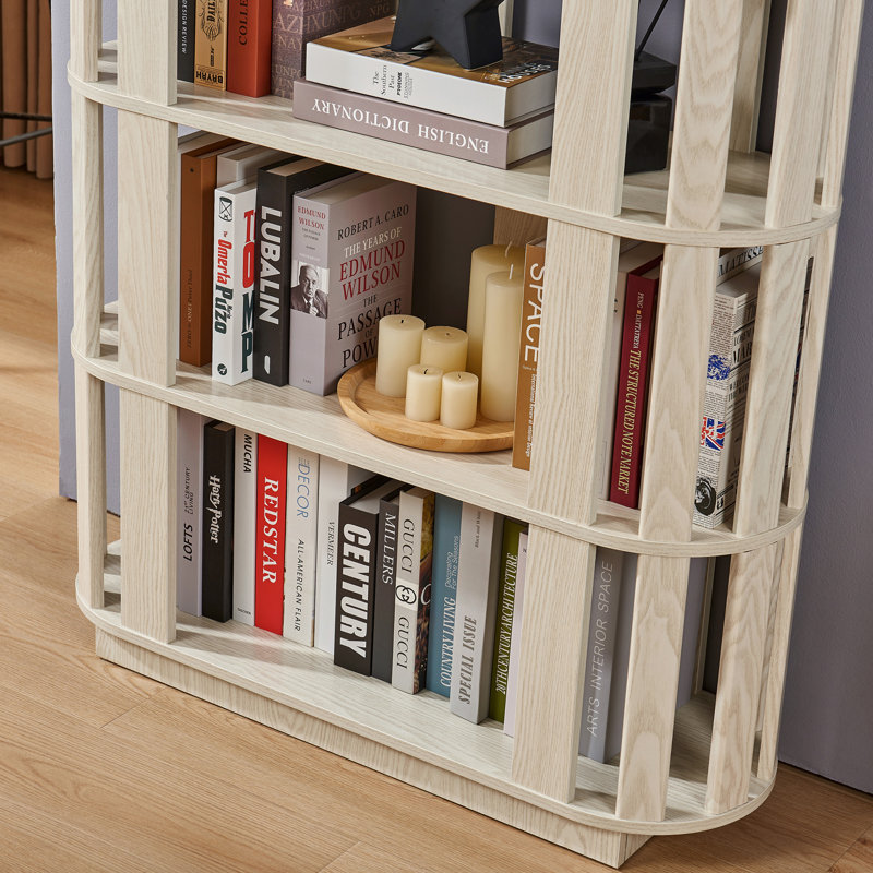 Bibliothèque ovale en bois ouverte, bibliothèque autoportante à cadre en panneau de fibres à densité moyenne, support de rangement à 5 niveaux facile à assembler pour le salon, décoration de bureau à domicile