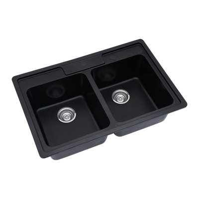 Évier de cuisine en quartz - 33 x 22 x 9 po, en composite de granit noir, double cuve à encastrer par le dessus