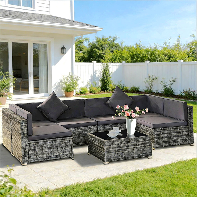 7-Piece Outdoor Wicker Sofa Set,Outdoor Conversation Sofa Set,Garden Rattan Furniture Set, Gray, Gray