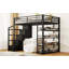 Lit mezzanine en métal avec tablettes de rangement, armoires et garde-robe