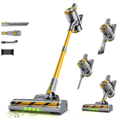 Aspirateur sans fil BSNAW, aspirateur-balai 40KPa avec autonomie de 45 minutes, aspirateur autoportant pour la maison, affichage à DEL, brosse anti-enchevêtrement, aspirateur rechargeable pour poils d'animaux, tapis et planchers durs, jaune