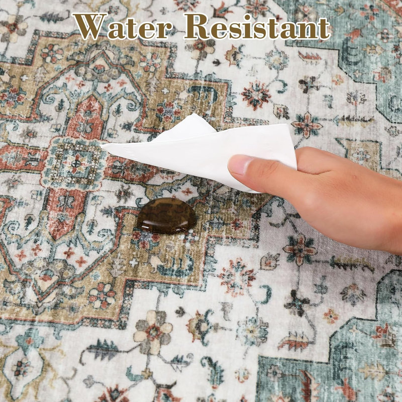 Vintage Washable Rug – Non-Slip Non-Shedding Foldable Distressed Traditional Carpet for Kitchen Bedroom Entryway Bathroom Brown/Green.
